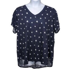 CYNTHIA ROWLEY T-Shirt Plus Size 3X Navy Stars Cotton V-Neck Knit‎ Top NEW NWT